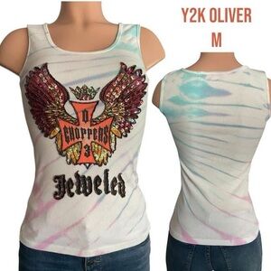 Oliver Bling Jeweled Beaded 03’ Choppers Biker Tie Dye Tank Top